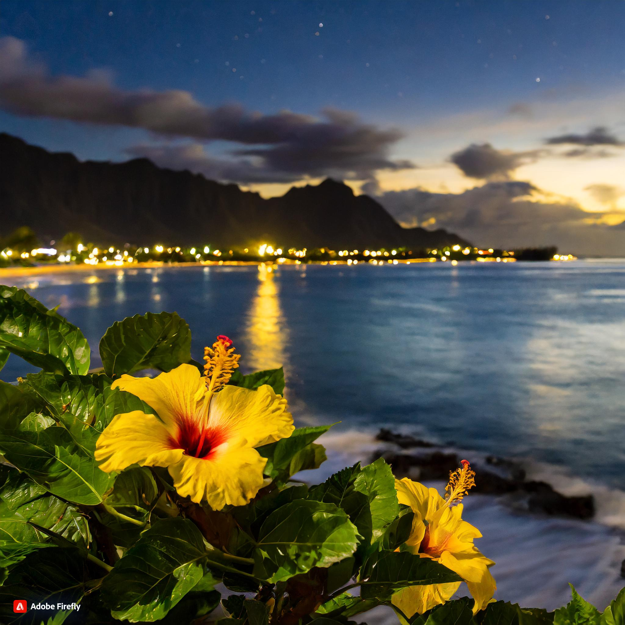 Firefly Hawaii from a scenic view, with Yellow hibiscus flowers, nighttime but beautifully lit, beach